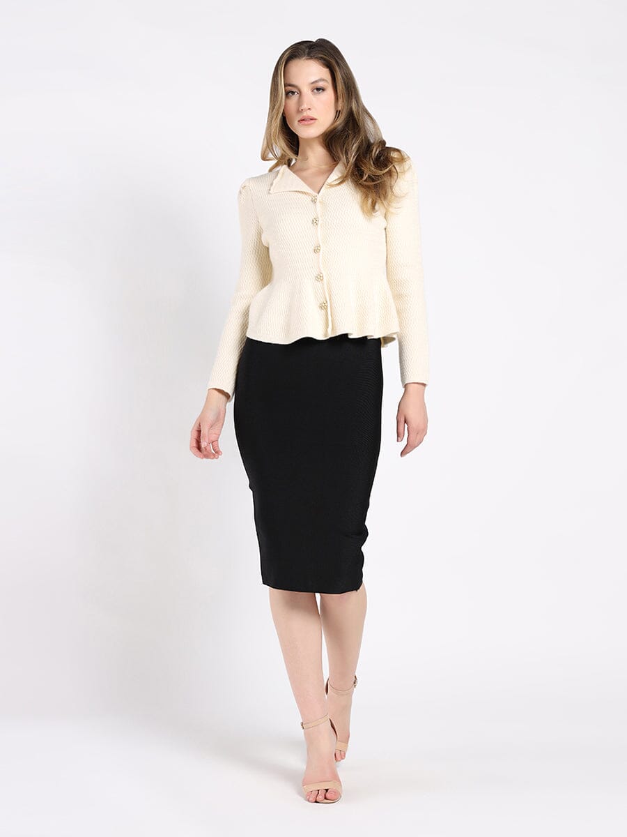 Textured Button Down Collared Peplum Cardigan SWEATER Gracia Fashion LIGHT BEIGE S 