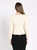 Textured Button Down Collared Peplum Cardigan SWEATER Gracia Fashion 