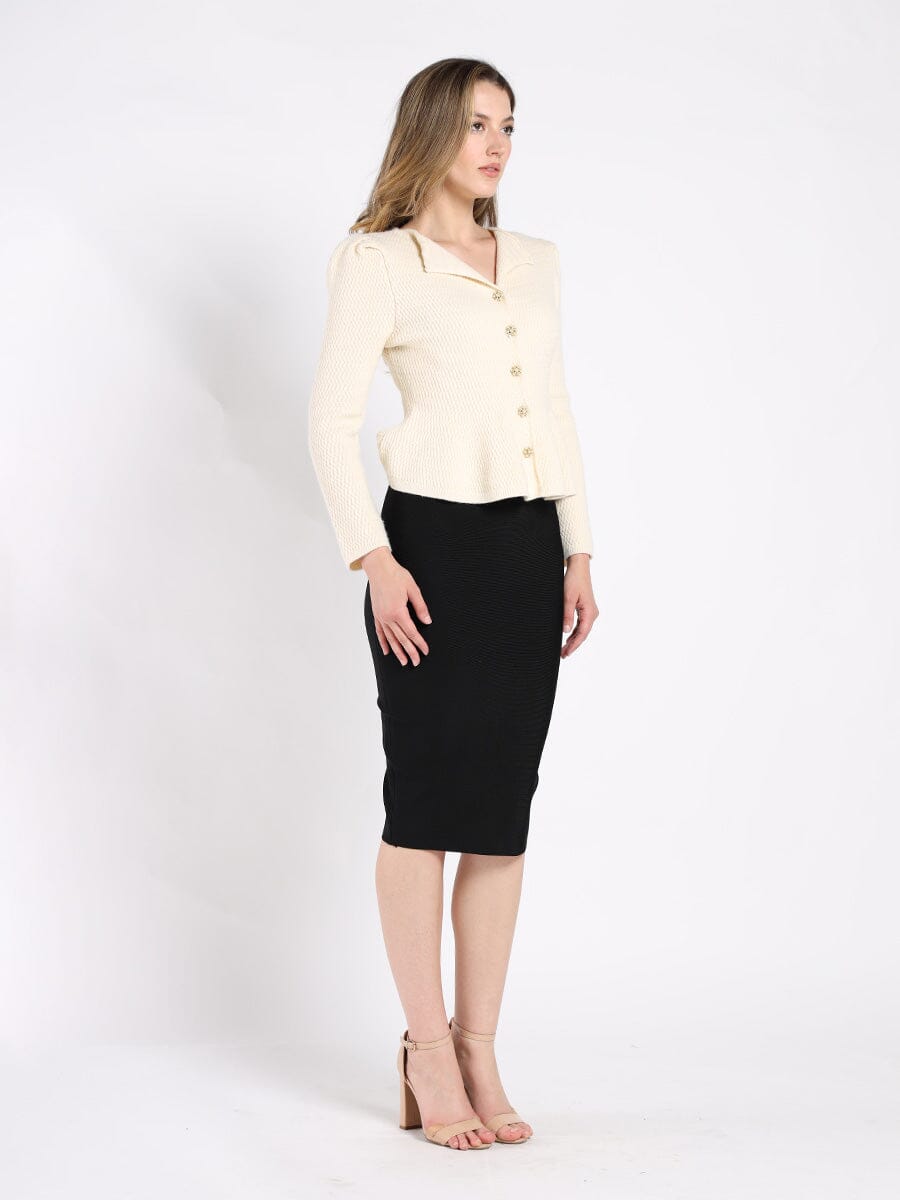 Textured Button Down Collared Peplum Cardigan SWEATER Gracia Fashion 