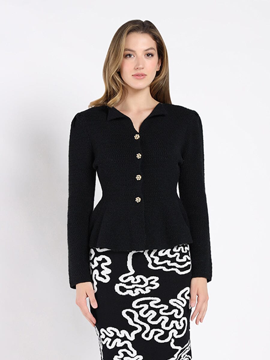 Textured Button Down Collared Peplum Cardigan SWEATER Gracia Fashion BLACK S 