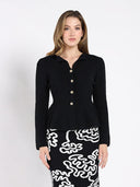 Textured Button Down Collared Peplum Cardigan SWEATER Gracia Fashion BLACK S 