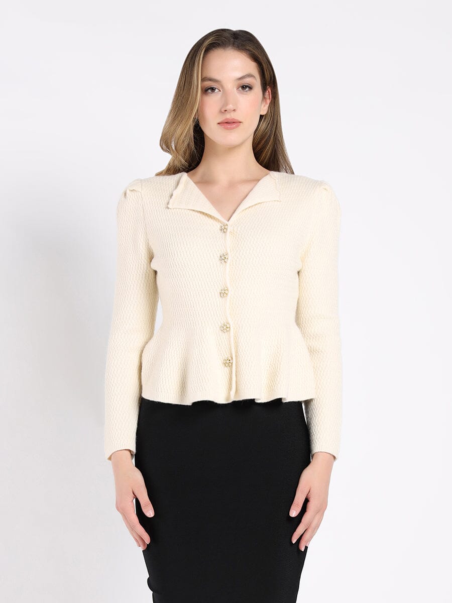 Textured Button Down Collared Peplum Cardigan SWEATER Gracia Fashion LIGHT BEIGE S 