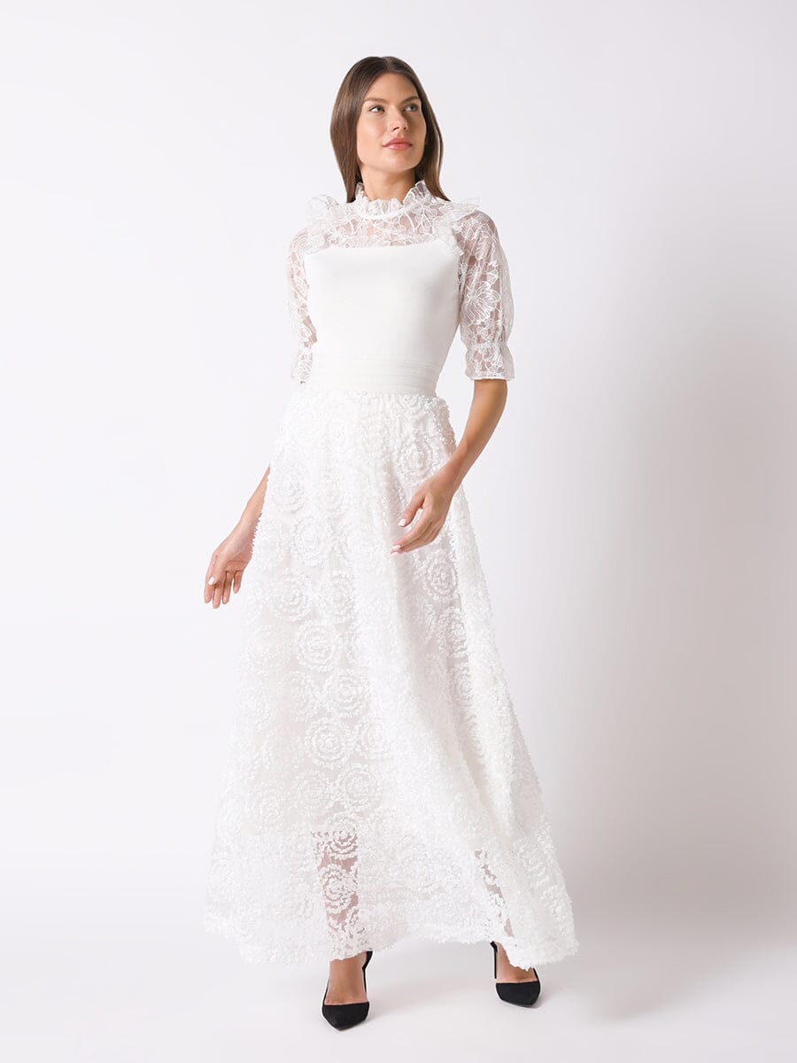 Three-Dimensional Flower Detail Long Mesh Skirt SKIRT Gracia Fashion WHITE S 