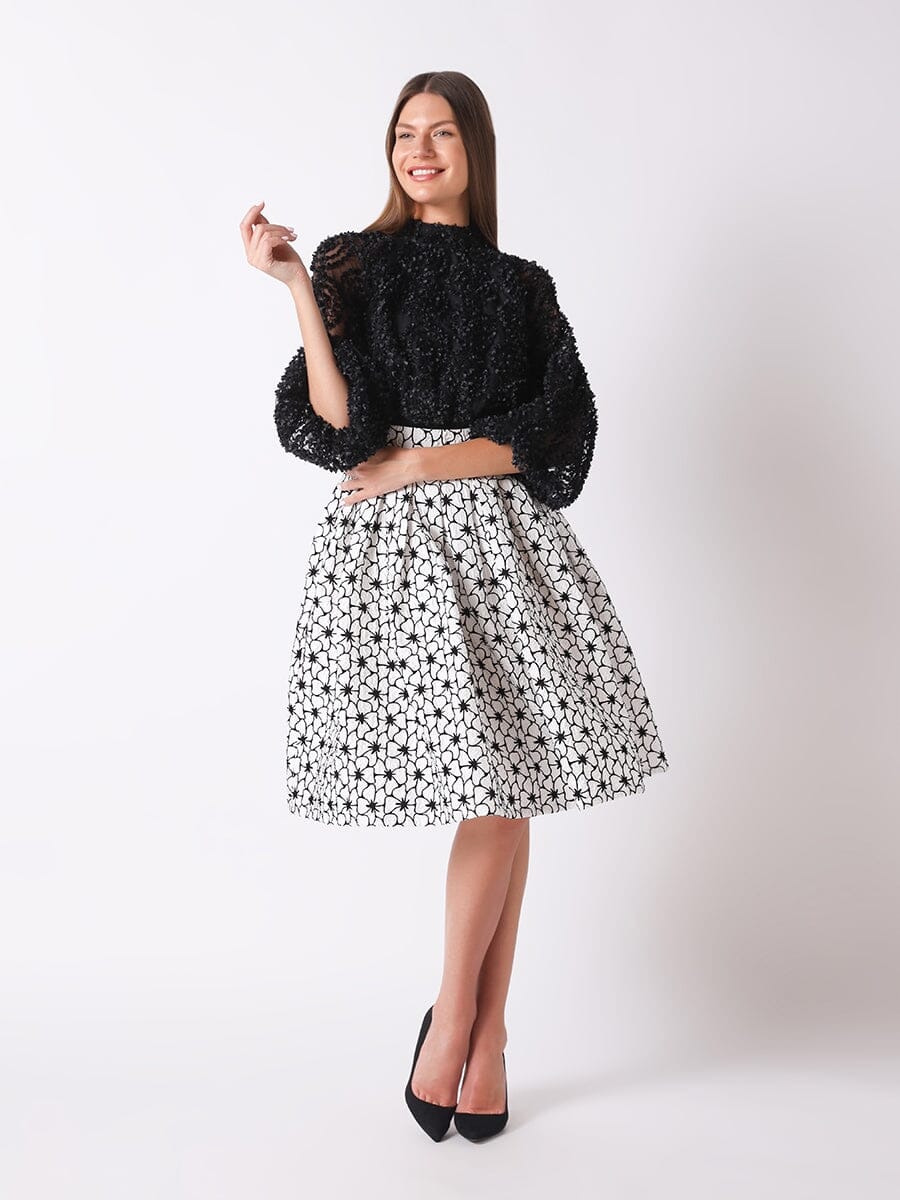 Three-Dimensional Flower Top with Puff Sleeves TOP Gracia Fashion BLACK S 