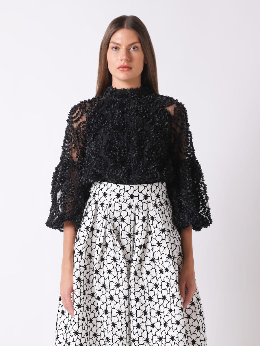 Three-Dimensional Flower Top with Puff Sleeves TOP Gracia Fashion BLACK S 
