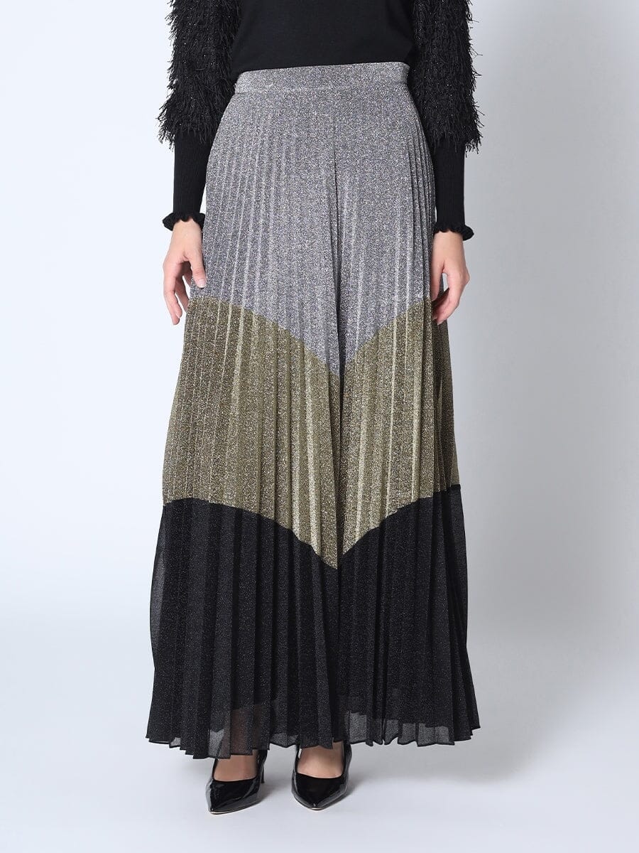 Three Metallic Color Blocked Pleated Maxi Skirt SKIRT Gracia Fashion SILVER+GOLD S 