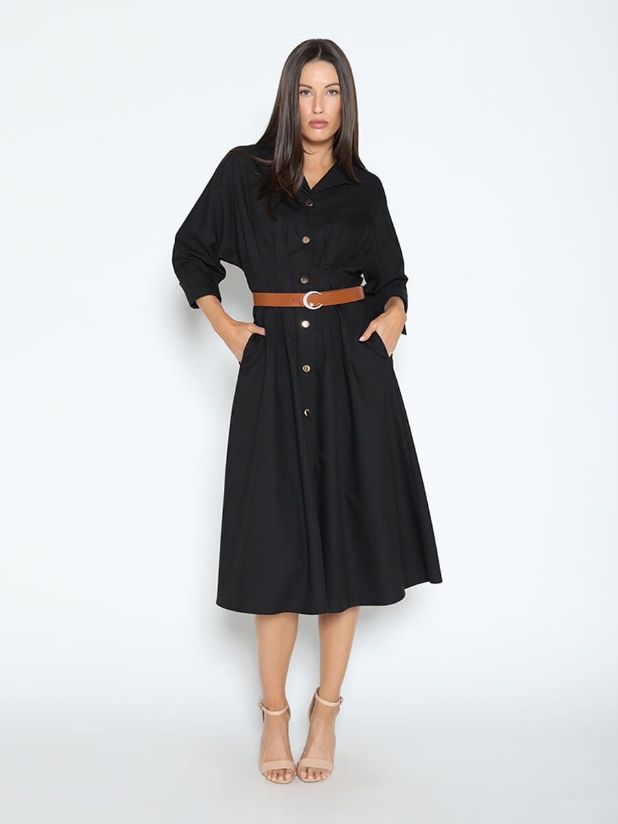 Three Quarter Sleeve Belted Button Down Shirtdress DRESS Gracia Fashion NAVY S 