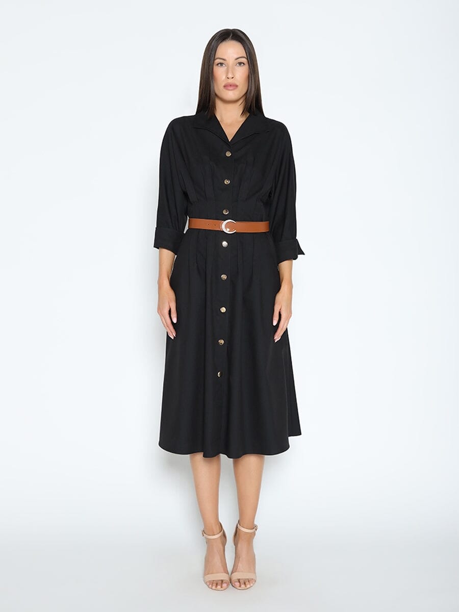 Three Quarter Sleeve Belted Button Down Shirtdress DRESS Gracia Fashion NAVY S 