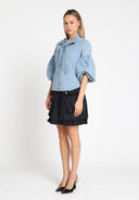Tie Neck Balloon Sleeve Denim Top TOP Gracia Fashion 