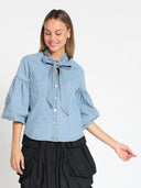 Tie Neck Balloon Sleeve Denim Top TOP Gracia Fashion 