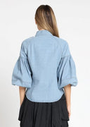 Tie Neck Balloon Sleeve Denim Top TOP Gracia Fashion 
