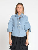 Tie Neck Balloon Sleeve Denim Top TOP Gracia Fashion LIGHT DENIM S 