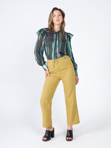 Tie Neck Long Sleeve Frilled Sheer Print Blouse TOP Gracia Fashion GREEN S 