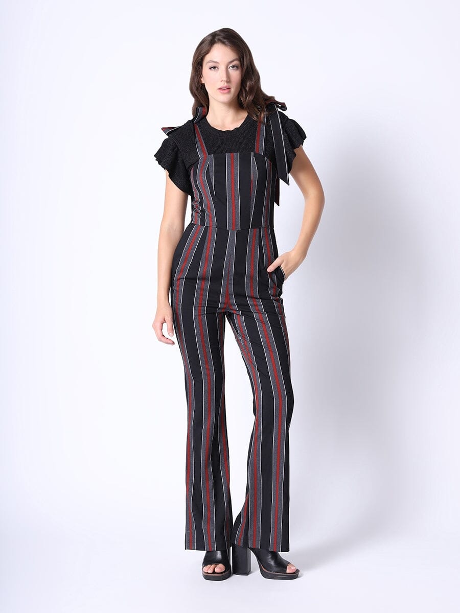 Tie-Shoulder Wide Leg Striped Overall Jumpsuit JUMPSUIT Gracia Fashion BLACK S 