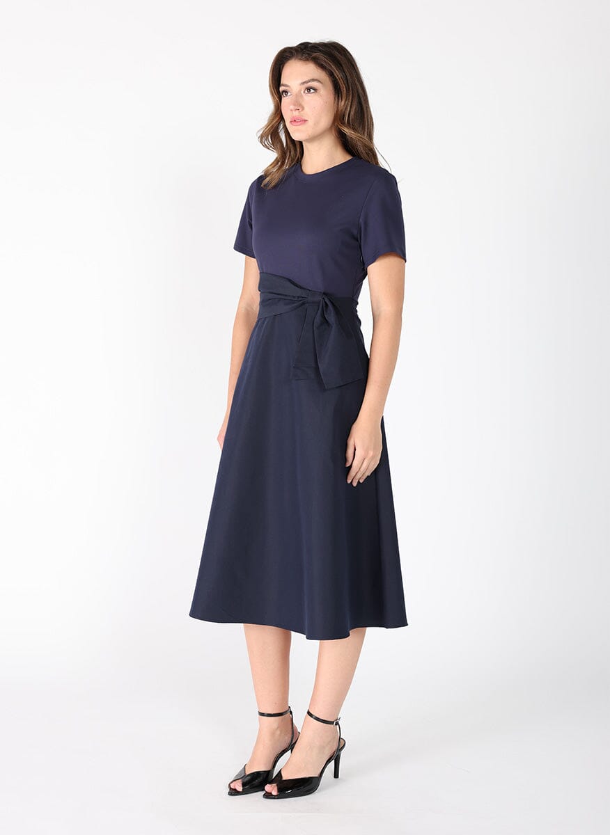 Tie waist half &amp; half mix fabric dress DRESS Gracia Fashion 