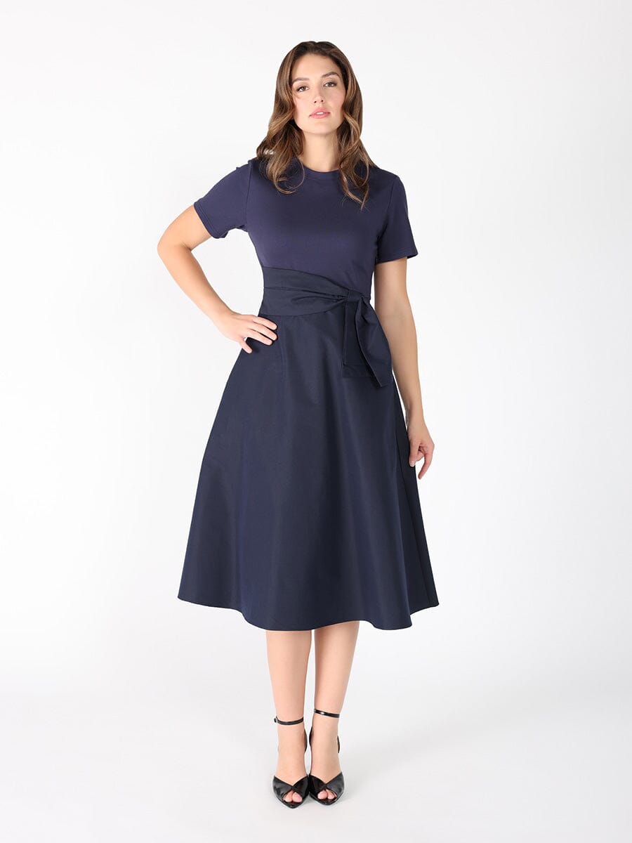 Tie waist half &amp; half mix fabric dress DRESS Gracia Fashion 