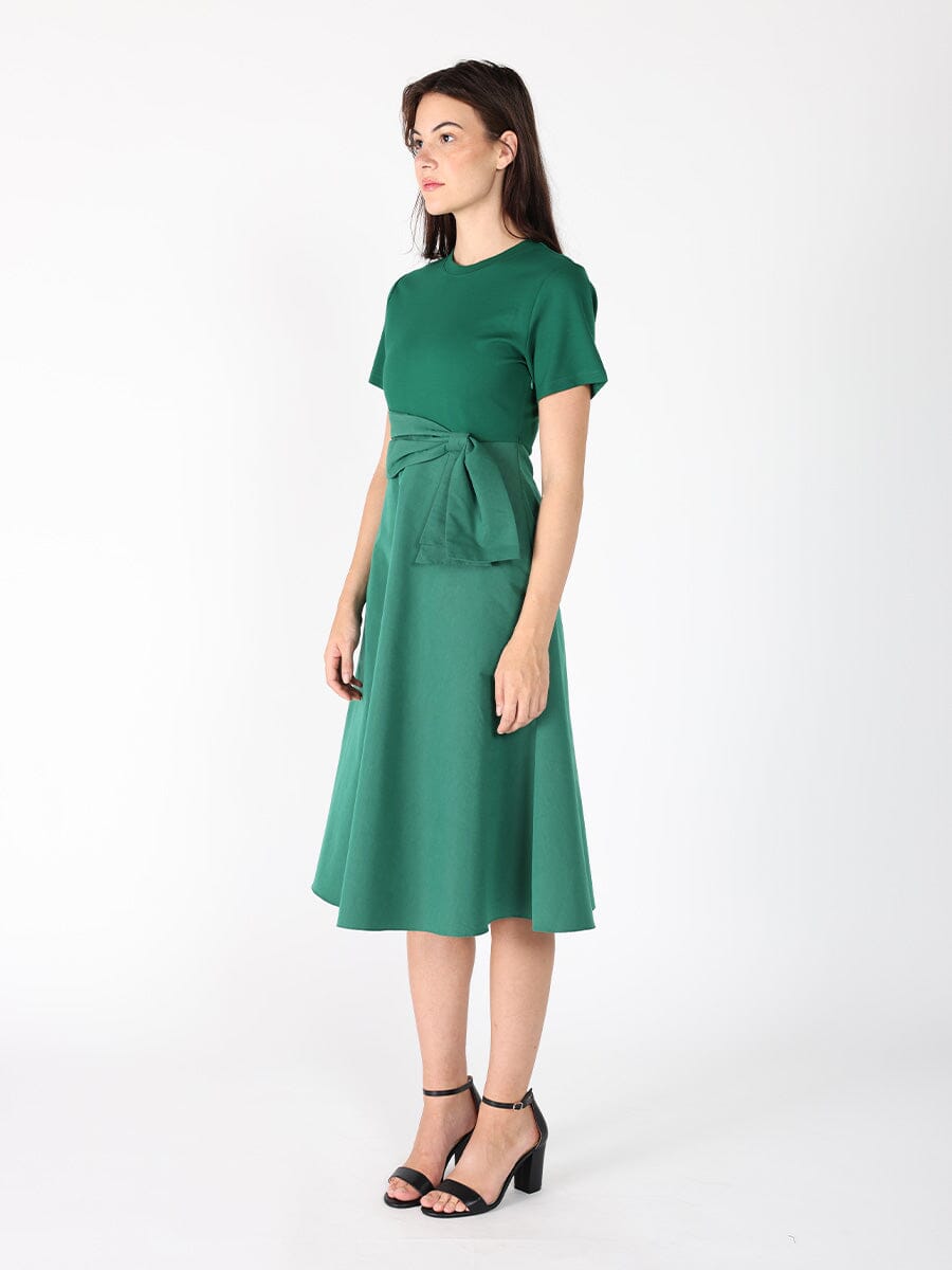 Tie waist half &amp; half mix fabric dress DRESS Gracia Fashion 