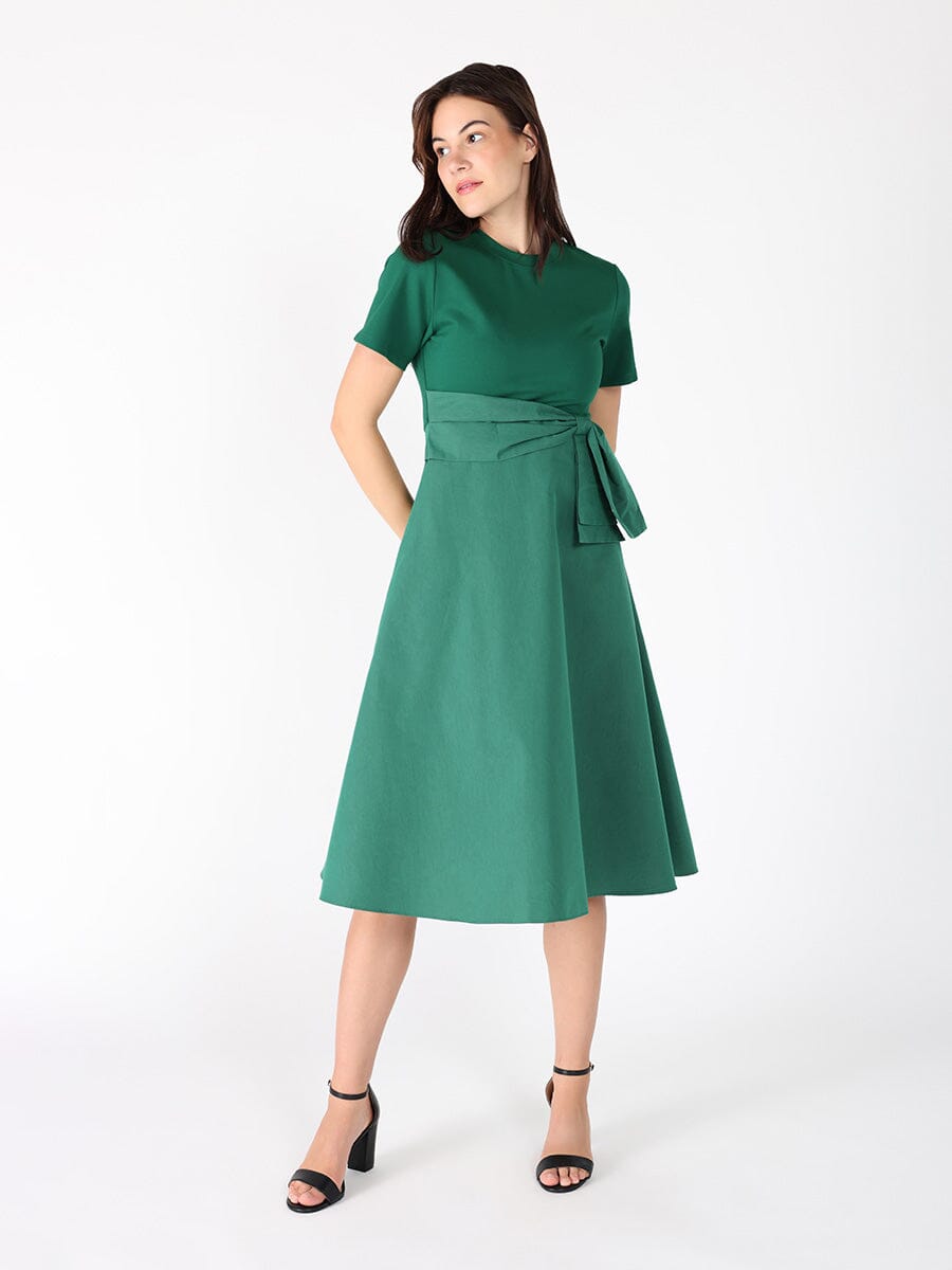 Tie waist half &amp; half mix fabric dress DRESS Gracia Fashion 