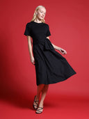 Tie waist half & half mix fabric dress DRESS Gracia Fashion BLACK S 