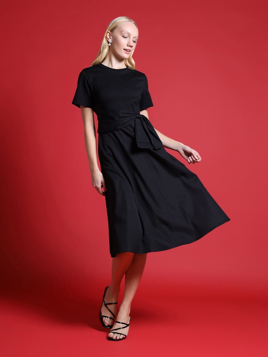 Tie waist half & half mix fabric dress DRESS Gracia Fashion BLACK S 