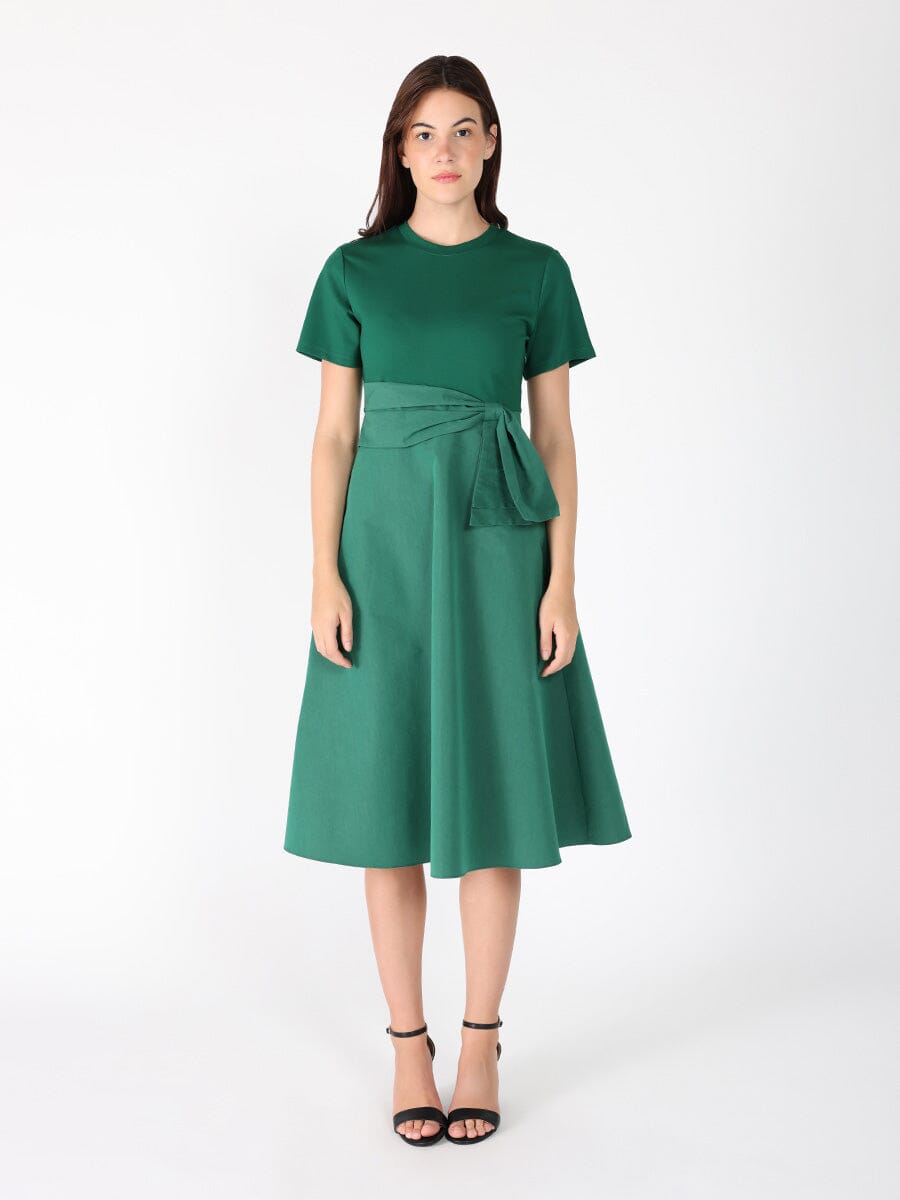 Tie waist half &amp; half mix fabric dress DRESS Gracia Fashion GREEN S 