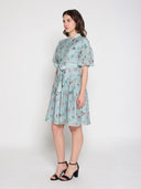 Tiny Floral Print Band Collar Belt Dress DRESS Gracia Fashion 