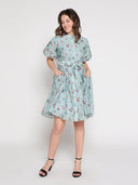 Tiny Floral Print Band Collar Belt Dress DRESS Gracia Fashion 