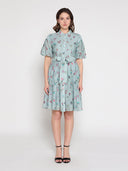 Tiny Floral Print Band Collar Belt Dress DRESS Gracia Fashion L/BLUE S 