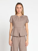 Tulip Sleeve Pleated Neckline Peplum Top TOP Gracia Fashion BROWN S 