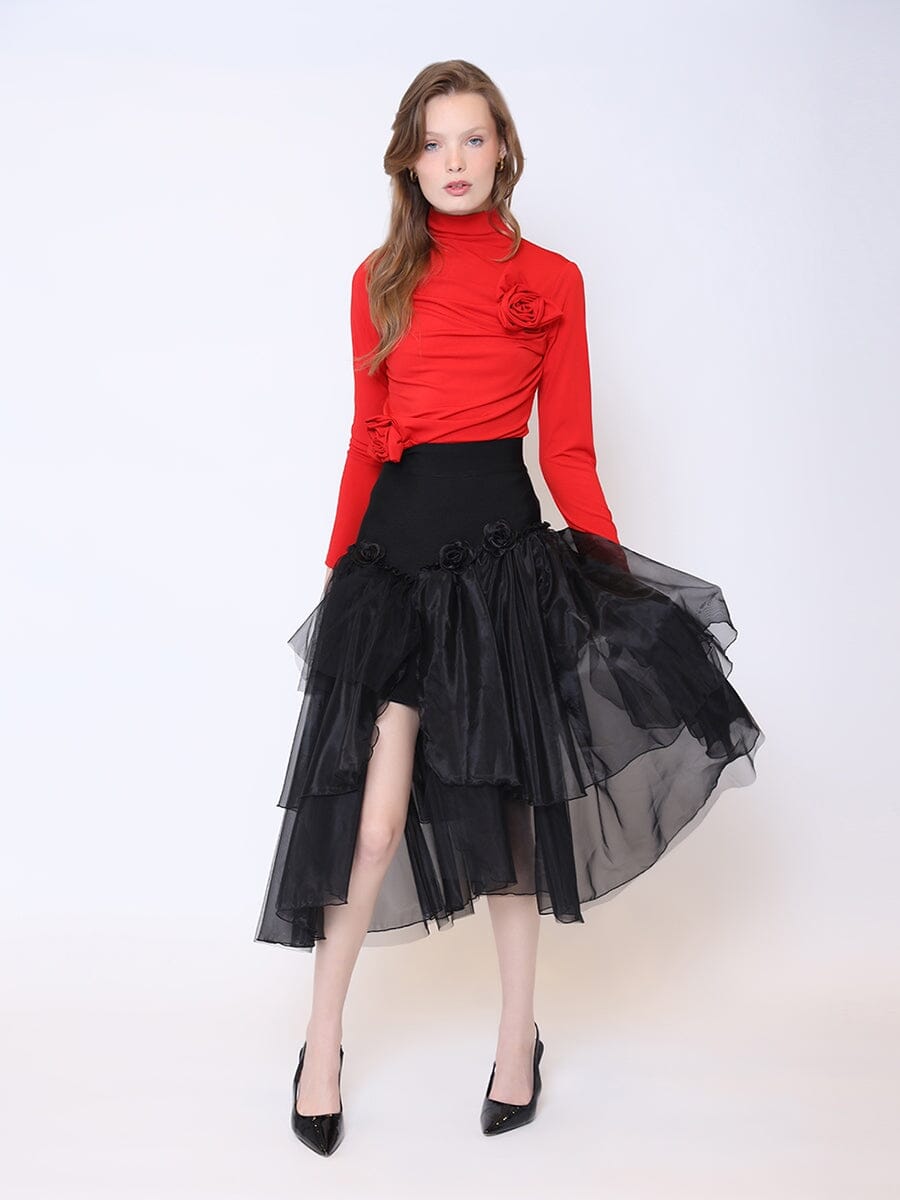 Turtleneck Flower Applique Top TOP Gracia Fashion RED S 