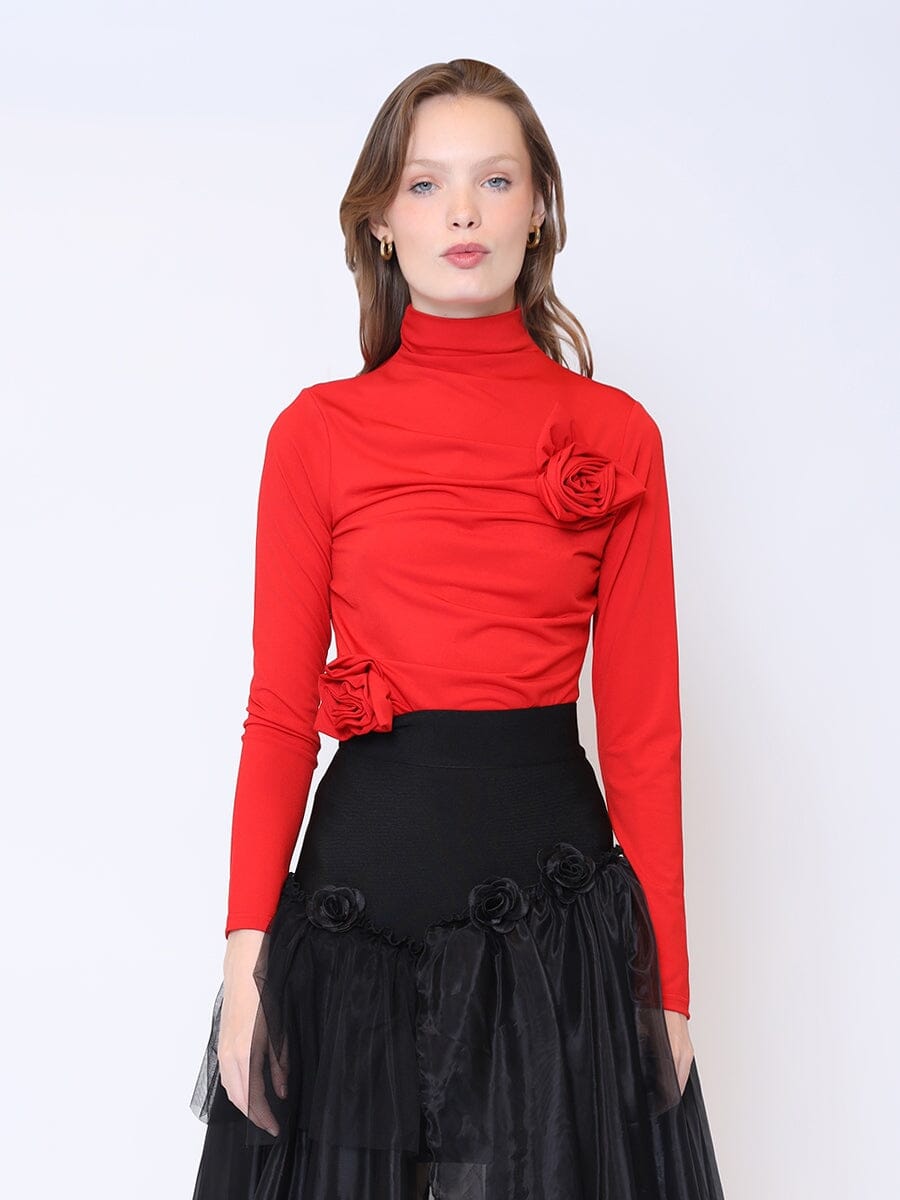 Turtleneck Flower Applique Top TOP Gracia Fashion RED S 