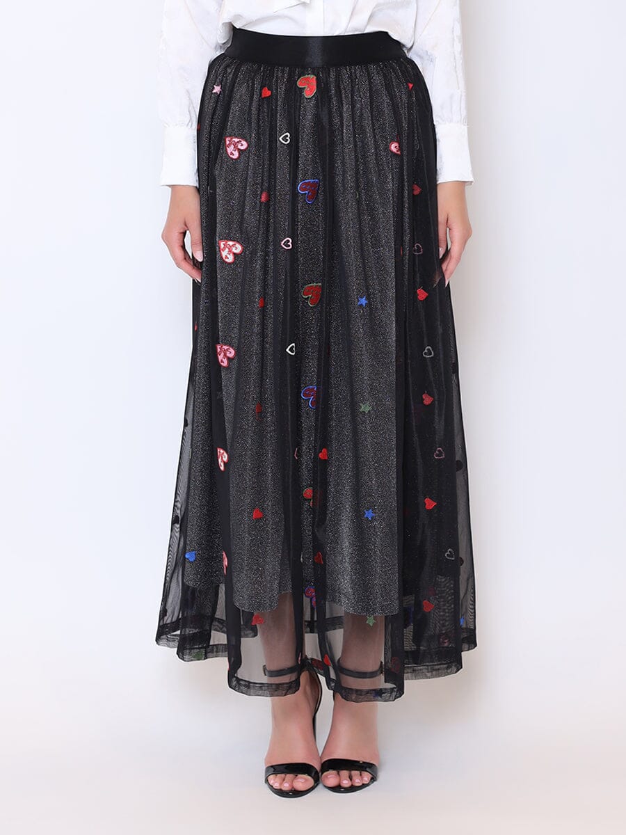Tutu Tulle Heart Print Mesh A-Line Skirt SKIRT Gracia Fashion BLACK S 