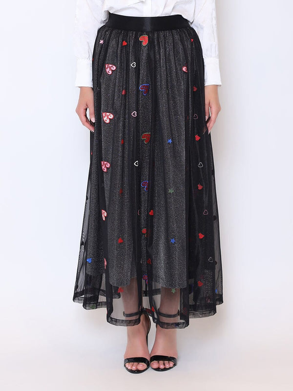 Tutu Tulle Heart Print Mesh A-Line Skirt - Gracia Fashion