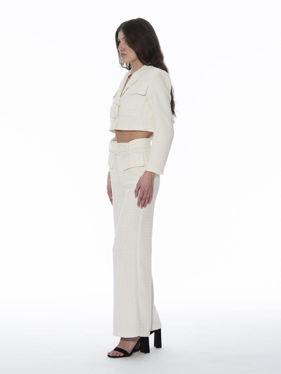 Tweed Buckel Belted Wide-Leg Suit Pants PANTS Gracia Fashion 