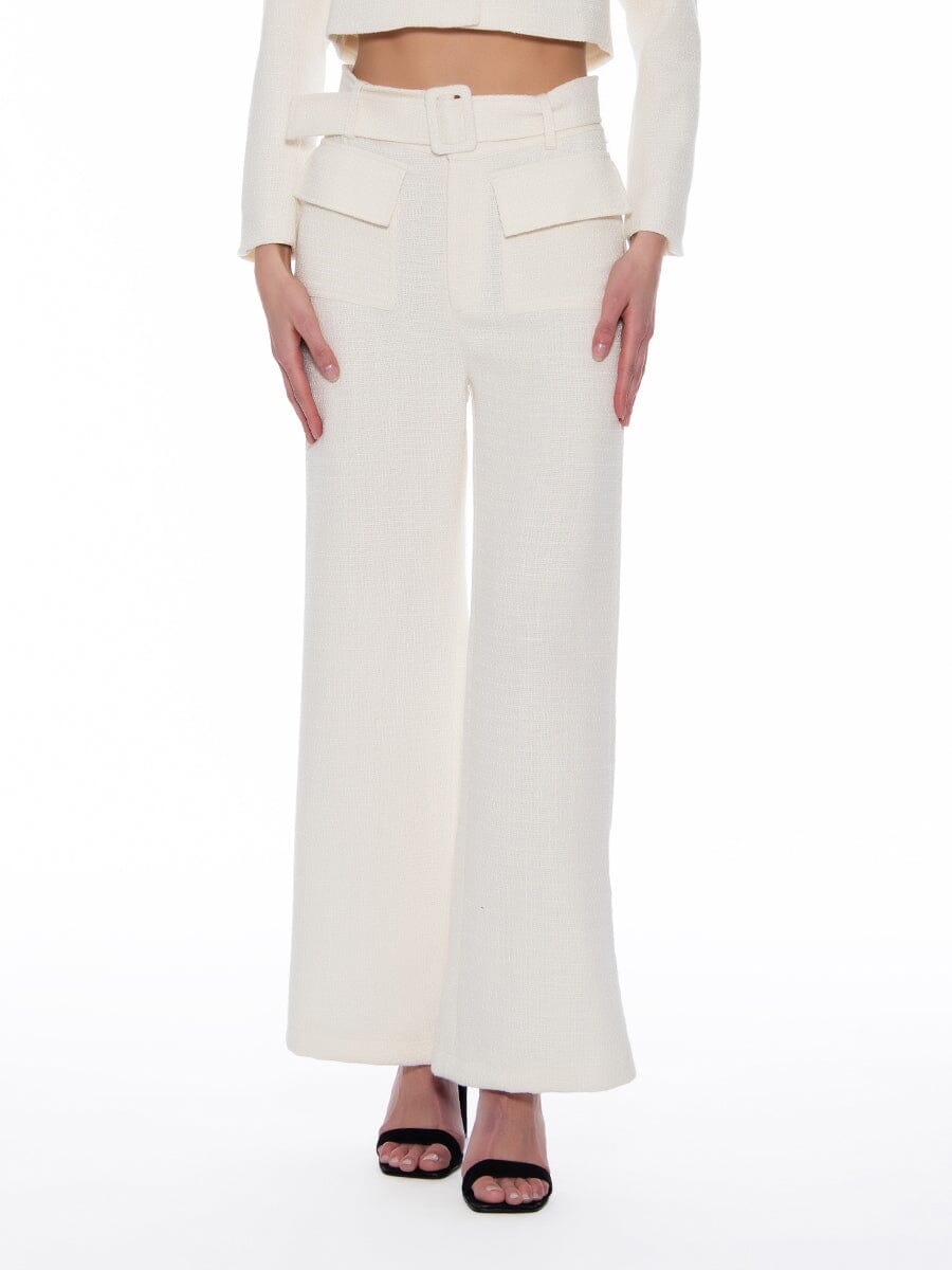 Tweed Buckel Belted Wide-Leg Suit Pants PANTS Gracia Fashion CREME S 