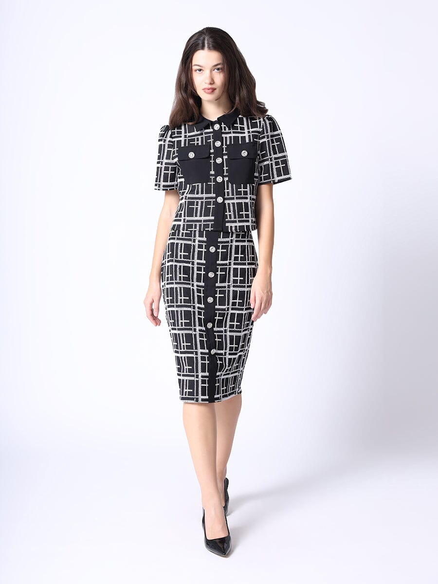 Tweed Check Pattern Cardigan Top TOP Gracia Fashion BLACK/WHITE S 