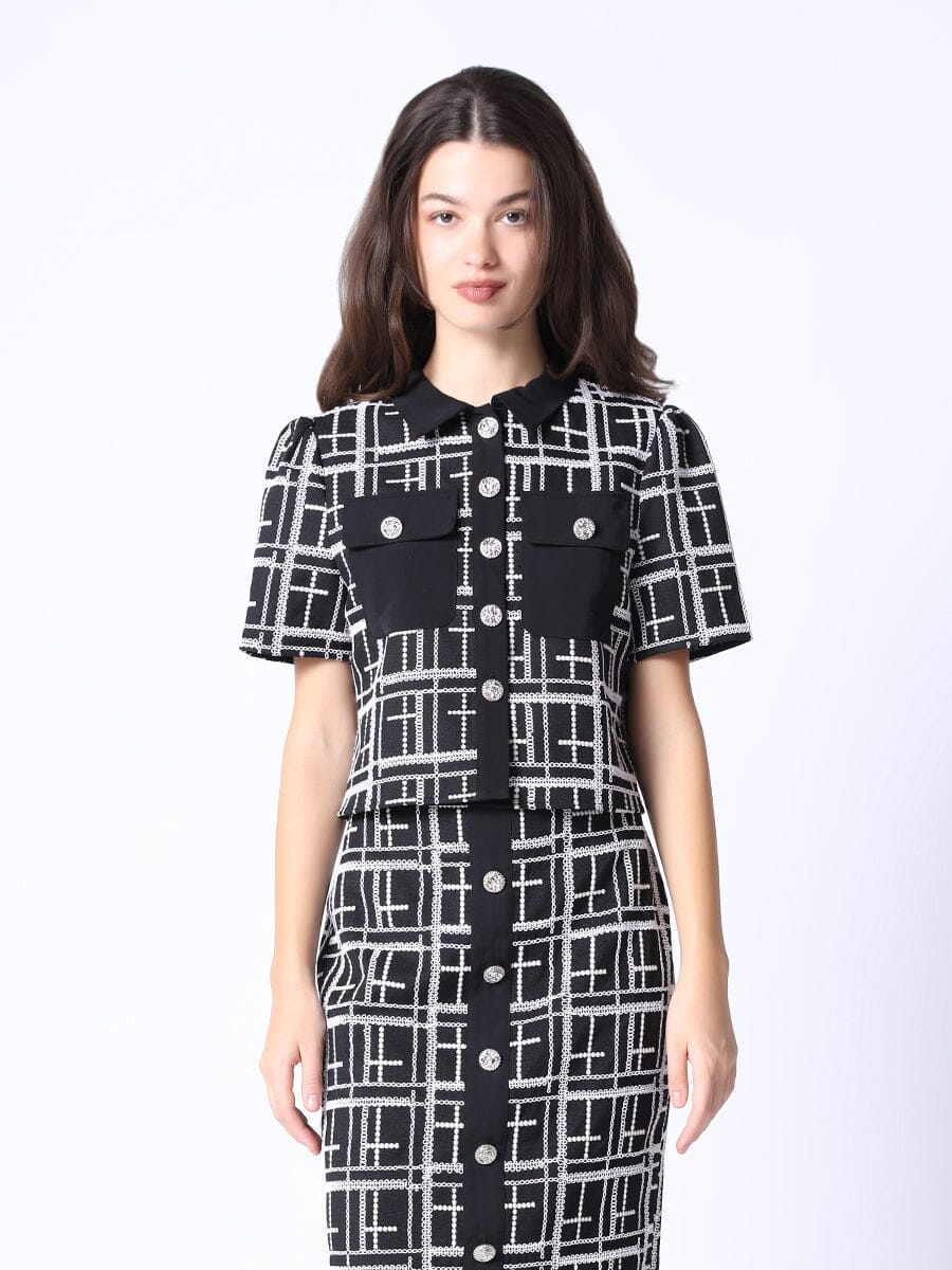 Tweed Check Pattern Cardigan Top TOP Gracia Fashion BLACK/WHITE S 