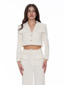 Tweed Collared Flap Detail Button Cropped Jacket JACKET Gracia Fashion CREME S 
