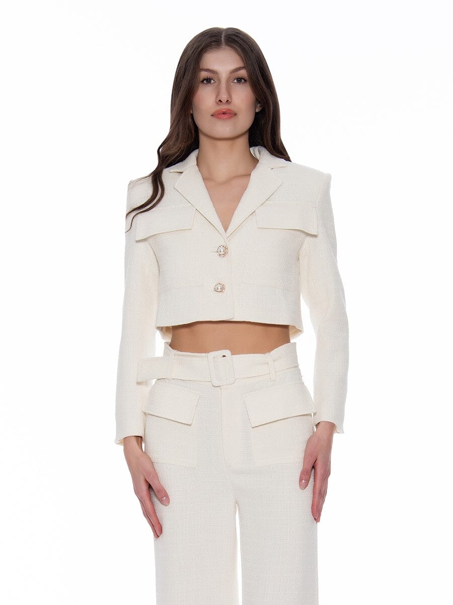 Tweed Collared Flap Detail Button Cropped Jacket JACKET Gracia Fashion CREME S 