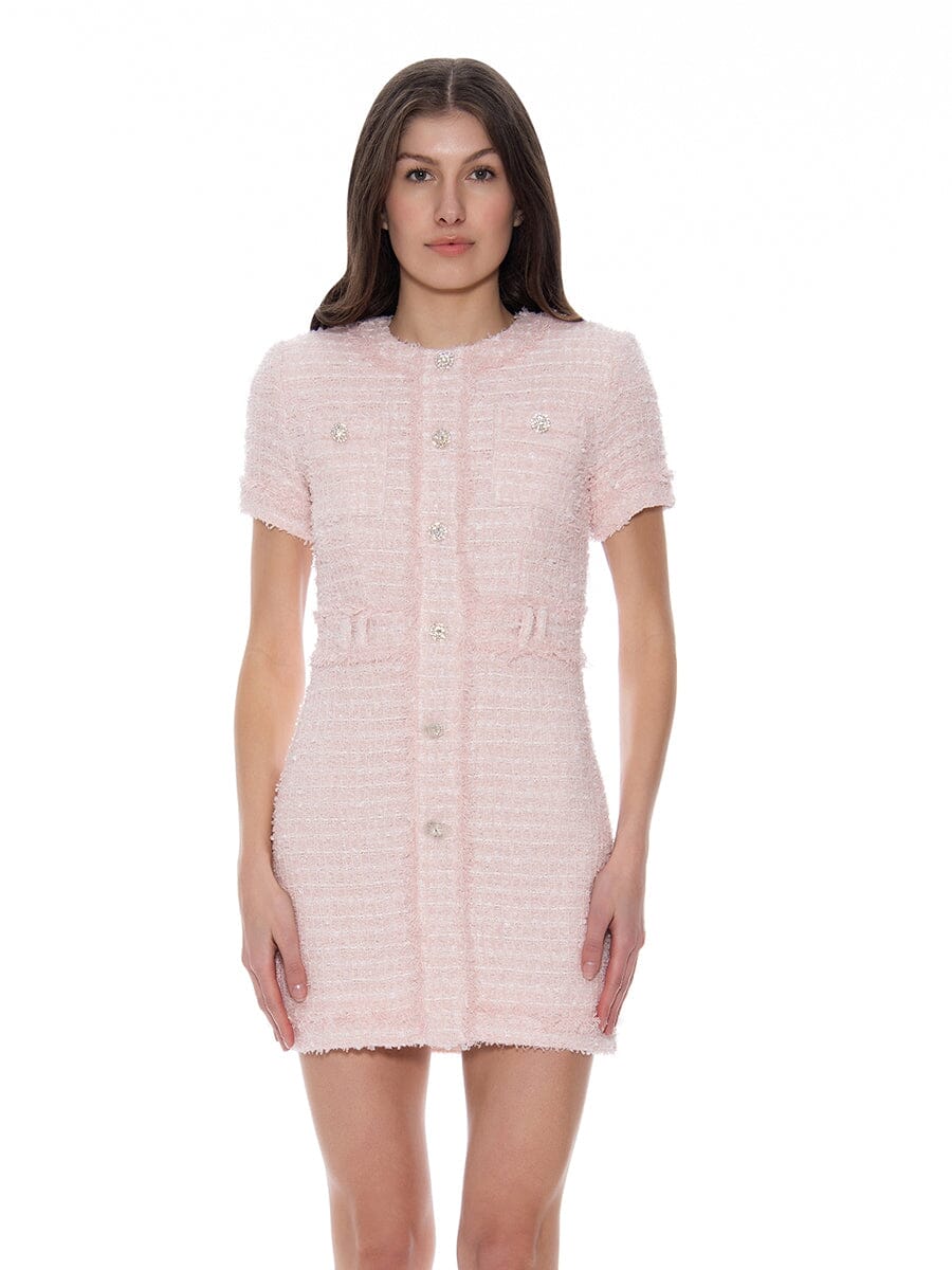 Tweed Dodycon Deco Button Mini Dress DRESS Gracia Fashion PINK S 