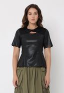 Twisted Knot Neck Short Sleeve Pleather Top TOP Gracia Fashion BLACK S 
