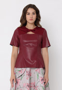 Twisted Knot Neck Short Sleeve Pleather Top TOP Gracia Fashion BURGUNDY S 