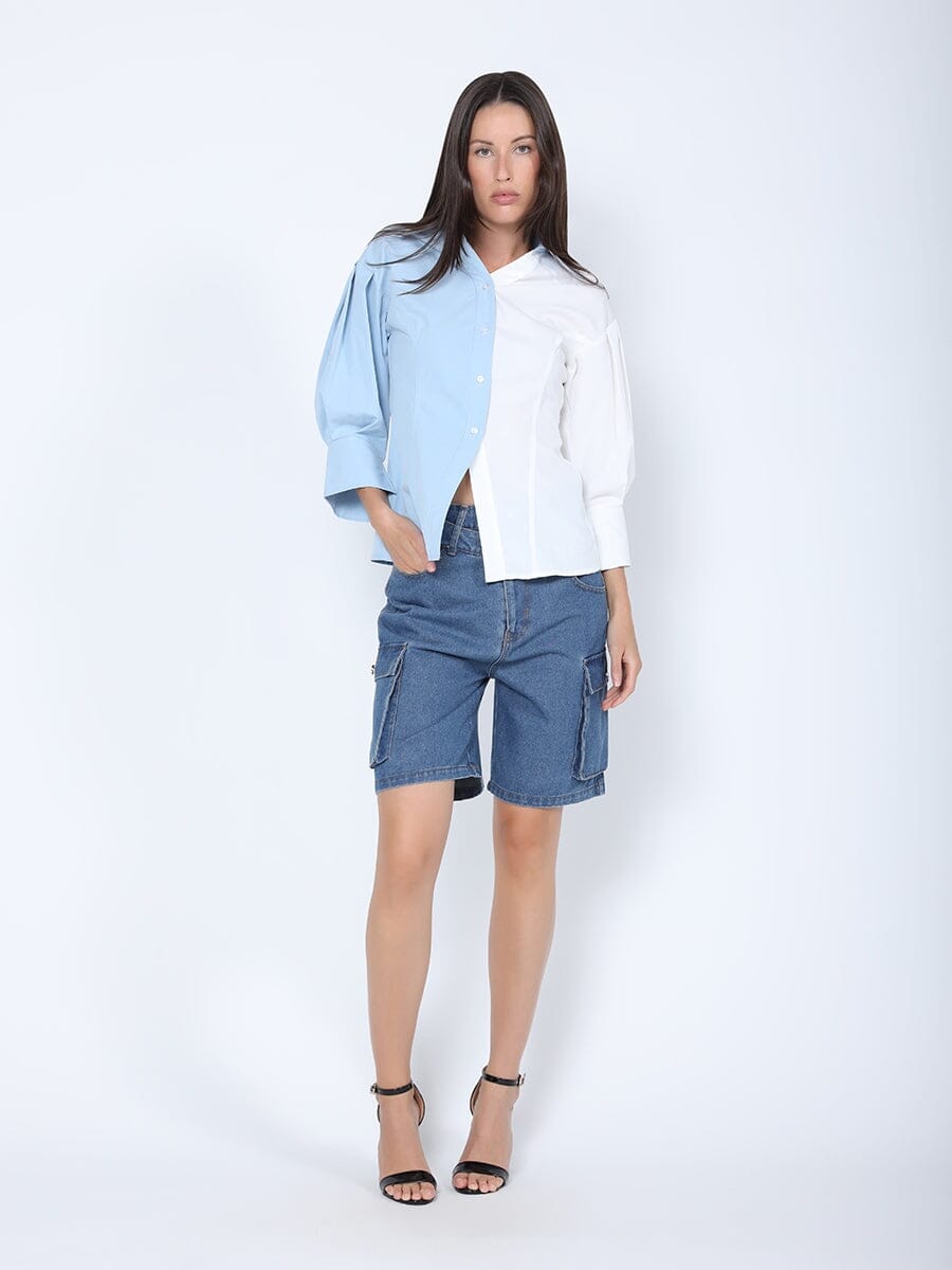 Two Tone Collared Shirt with Barrel Sleeves TOP Gracia Fashion WHITE/BLUE S 