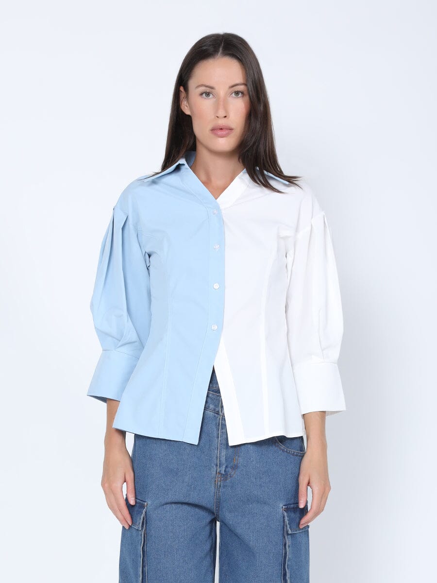 Two Tone Collared Shirt with Barrel Sleeves TOP Gracia Fashion WHITE/BLUE S 