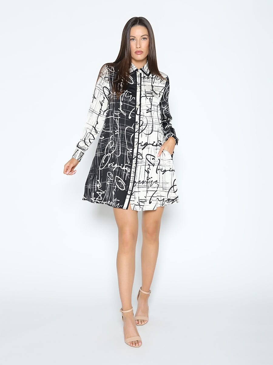 Two Tone Letter Prints Pearl Button Tunic DRESS Gracia Fashion BLACK/WHITE S 