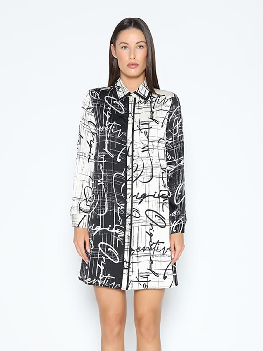 Two Tone Letter Prints Pearl Button Tunic DRESS Gracia Fashion BLACK/WHITE S 