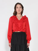 V-Neck Long Sleeve Ruffle Detailed Crop Top TOP Gracia Fashion RED S 