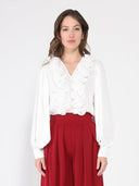 V-Neck Long Sleeve Ruffle Detailed Crop Top TOP Gracia Fashion WHITE S 