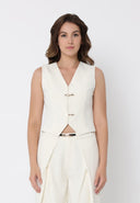 V-Neck Sleeveless Brooch Detail Vest PANTS Gracia Fashion CREME S 