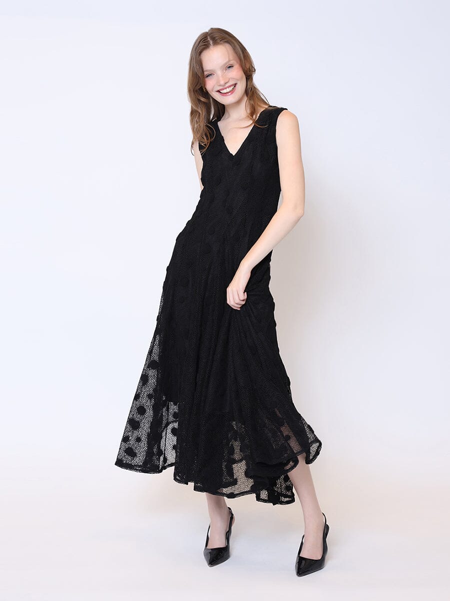 V-Neck Sleeveless Lace A-Line Long Solid Dress DRESS Gracia Fashion BLACK S 